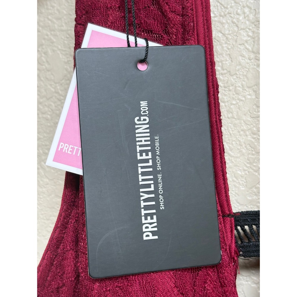 NWT PrettyLittleThing Burgundy Lace Ruffle Detail Plunge Maxi Dress Size 8 - Picture 7 of 11